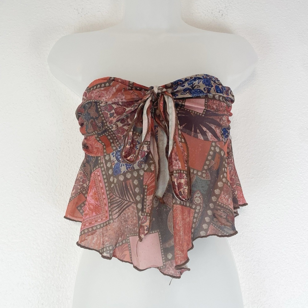 Shein Top Womens 4 Bandeau Babydoll Patchwork Festival Boho Y2K Cottage Mesh